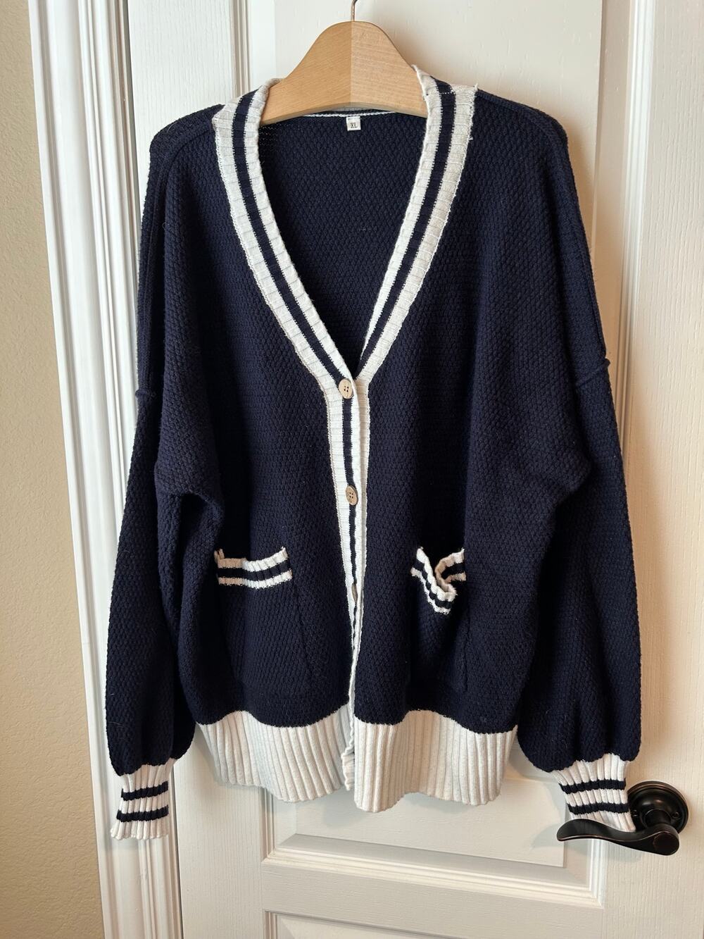 Navy Sweater Set Top and Pants Woven Cotton Blend